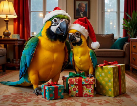 A lively parrot wearing a Santa hat sits beside colorful gift boxes in a cozy apartment, ready for the holiday season.