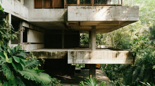 Brutalist buildings adapted for tropical environments, utilizing natural cooling and raw materials.