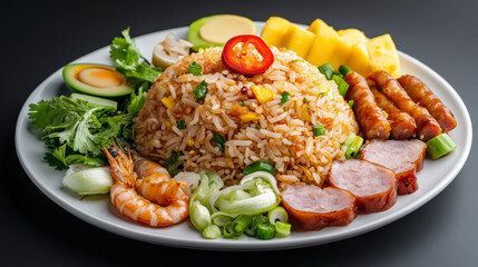 Fototapeta premium A colorful plate of fried rice garnished with sliced sausage, shrimp, fresh vegetables, pineapple, and a red pepper, presenting a vibrant and appetizing meal.