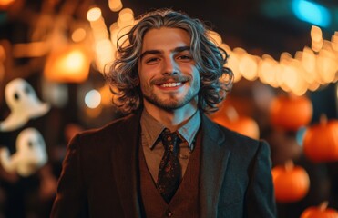 Fototapeta premium Young man in a suit and tie with long gray hair smiling joyfully