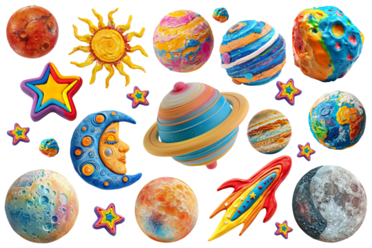 Space elements made of plasticine, kids crafts, DIY, transparent background, png.