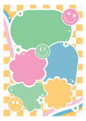 Yellow checker board with preppy patch art with smiley faces