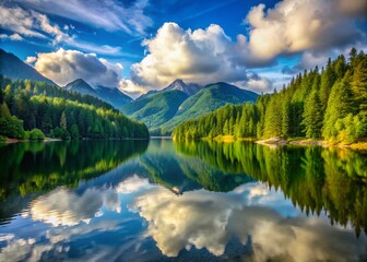 Stunning Capilano Reservoir Lake Surrounded by Lush Green Mountains in Vancouver, British Columbia