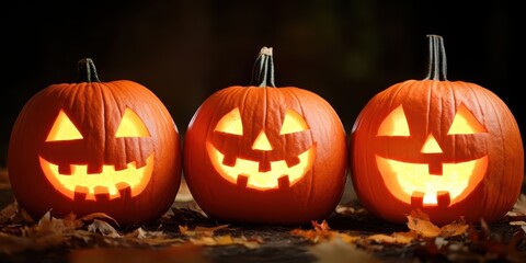Fototapeta premium Three smiling jack-o'-lanterns glowing in the dark, surrounded by autumn leaves. Perfect for Halloween-themed projects.