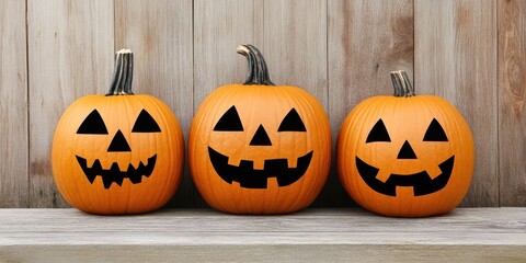 Three spooky Halloween pumpkins with unique faces against a rustic wooden background, perfect for autumn celebrations.
