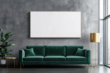 rectangular white blank canvas on wall, mockup, modern living room, minimalistic design, neutral color palette, emerald green velvet sofa, abstract art
