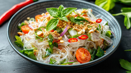 A vibrant Thai glass noodle salad with fresh vegetables, chilies, peanuts, and basil, beautifully presented in a dark bowl on a textured surface.