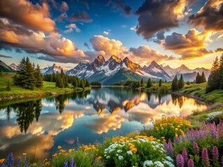 Obraz premium Stunning Dolle AI-Inspired Landscape with Majestic Mountains and Serene Lake Reflections