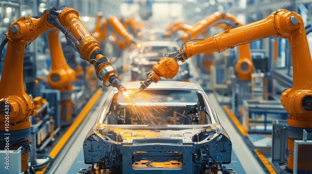 Poster a car assembly line in an automotive factory, featuring advanced robotics and automation, representi