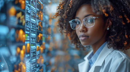 Concentrated scientist analyzing data on a digital screen