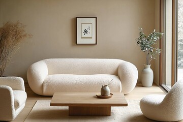 Minimalist, modern japandi interiors in the living room with beige walls hanging with art frames and boucle sofas and tables. Generative AI
