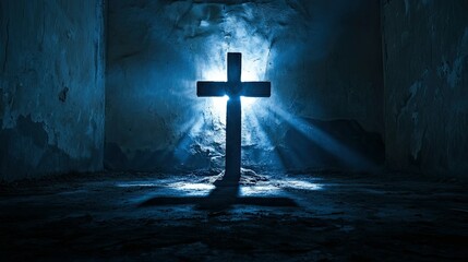A wooden cross stands tall in a dimly lit room, illuminated by a single, bright beam of light. The cross casts a long shadow on the floor, creating a sense of mystery and awe.