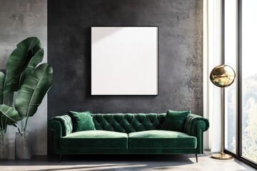 rectangular white blank canvas on wall, mockup, modern living room, minimalistic design, neutral color palette, emerald green velvet sofa, abstract art on wall, gold accents, floor lamp