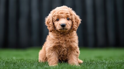 Fototapeta premium Adorable curly-haired puppy sitting on green grass with blurred dark background, showcasing its fluffy fur and curious expression.