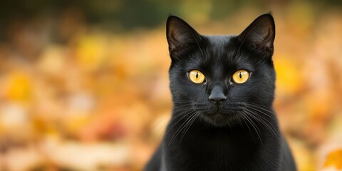 A close-up portrait of a black cat with striking yellow eyes amidst a backdrop of autumn leaves.