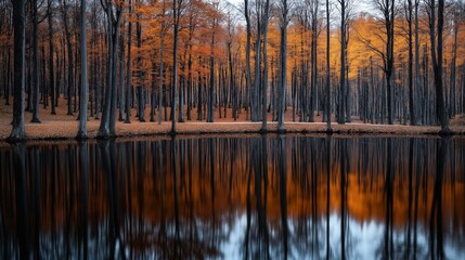 Tranquil autumn forest with tall trees and orange foliage reflected in a calm lake.