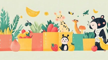 Obraz premium Cartoon Animals Shopping for Groceries in Bags