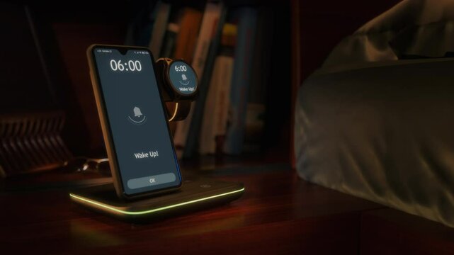 Smartphone as an alarm clock and smartwatch on wireless charging wake up at 6am. Phone and watch displays turn on. The numbers on their screens change from 5:59 am to 6:00 am. Close-up view.