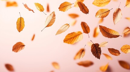 Autumn leaves floating against a soft pink background, capturing the essence of fall with warm tones and gentle movement.