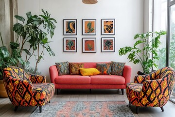 Retro futuristic living room, with Geometric shape furniture, with 4 blank rectangular A4 frames, white walls, plants, mockup Pink sofa chair retro with African print cushions