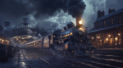 A dimly lit railway station with a retro steam train ready to depart, smoke billowing into the night sky, evoking a sense of old-world