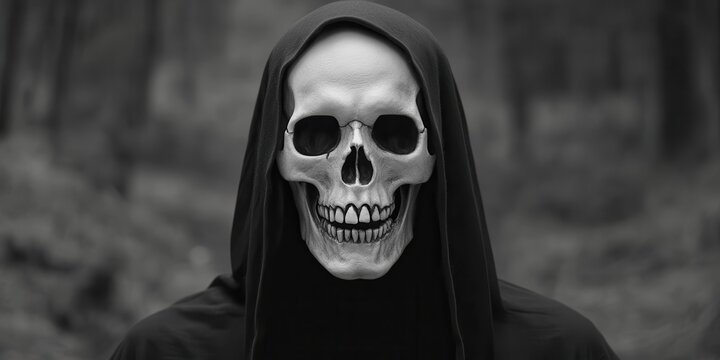 A haunting figure in a dark hood, displaying a detailed skull face in a misty forest setting, evoking themes of mystery and fear.