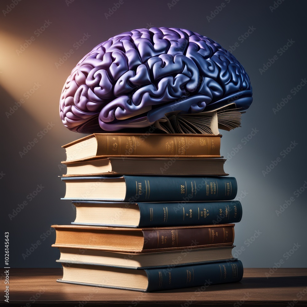 Poster a stylized brain atop a stack of books, symbolizing knowledge and learning.
