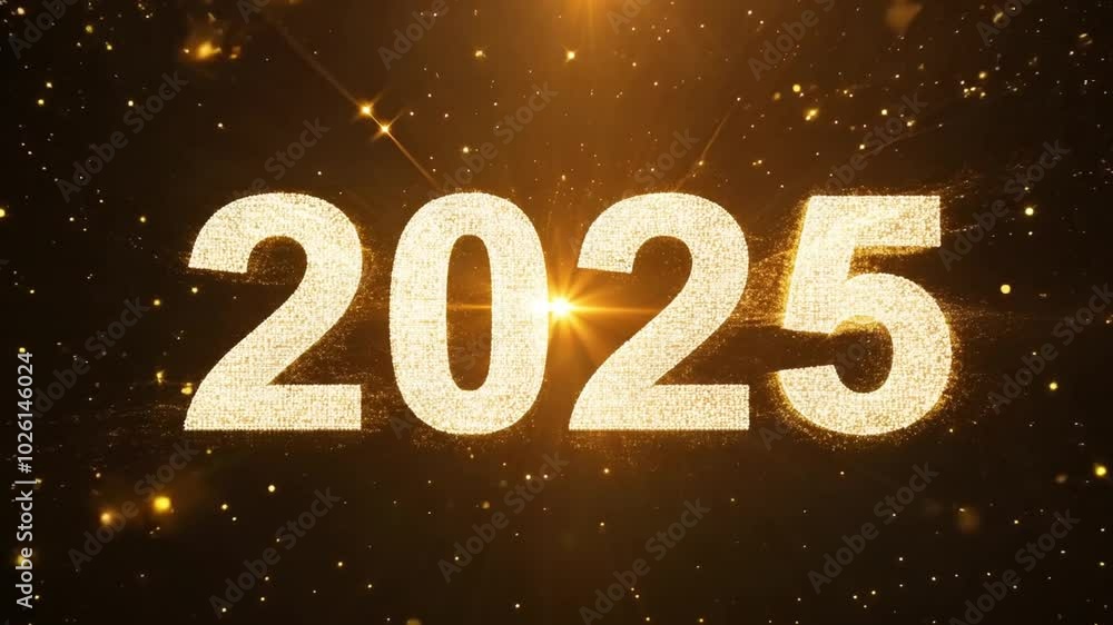 Poster golden particles are forming the year 2025 against a dark background with sparkling bokeh. this anim
