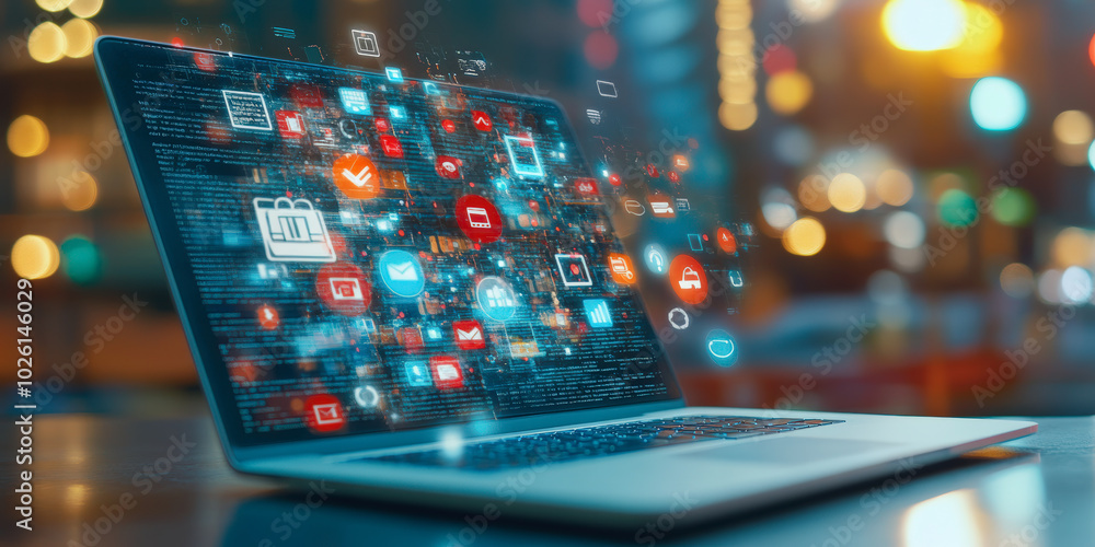 Poster open laptop displaying vibrant digital icons and data streams, symbolizing technology and connectivi