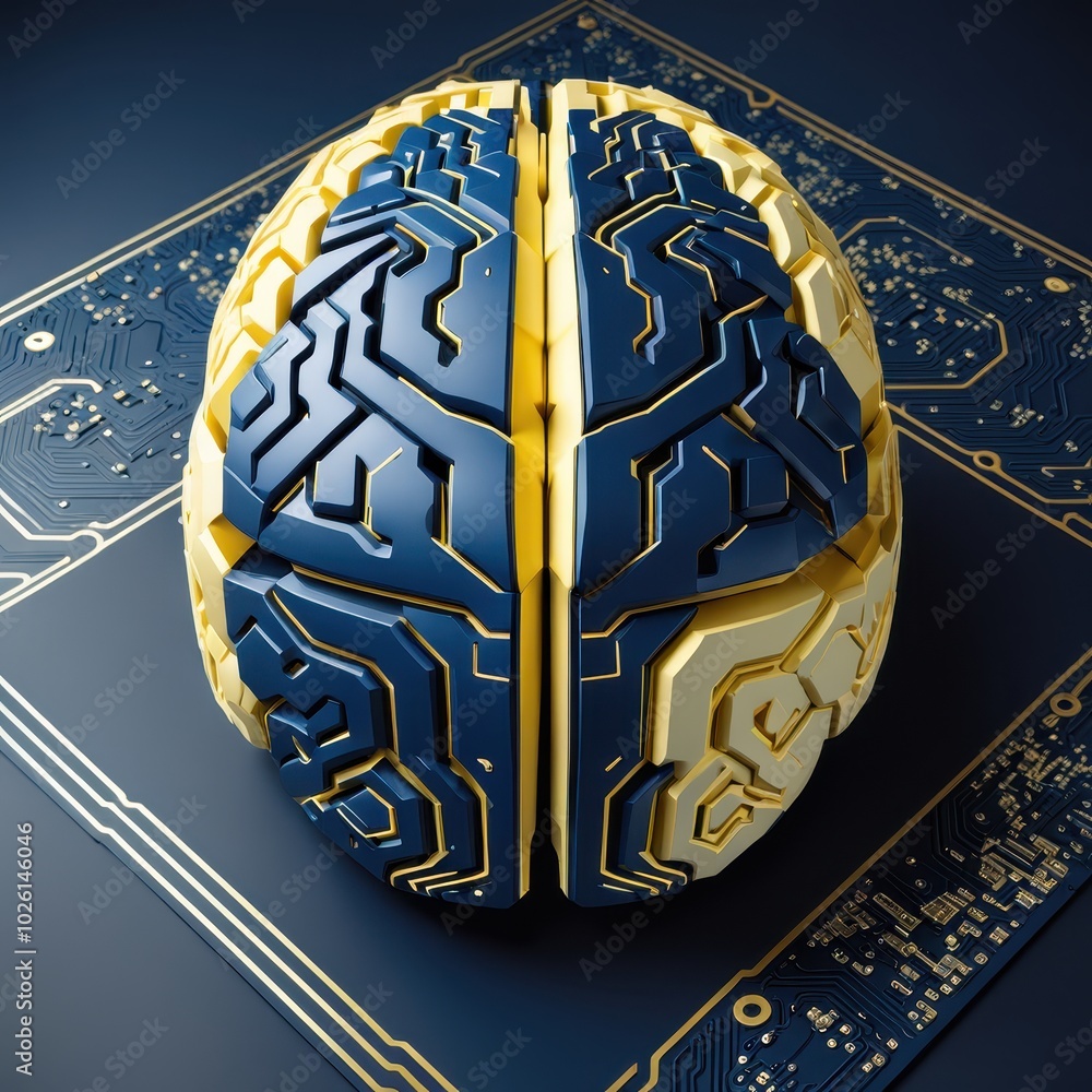 Poster a stylized brain design with circuit patterns, symbolizing technology and artificial intelligence.