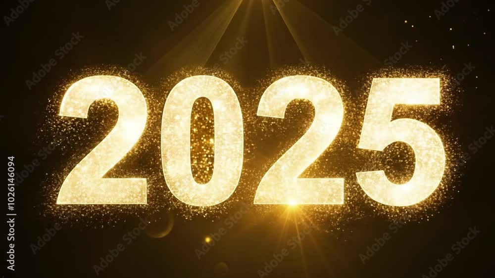 Poster golden particles are forming the year 2025 against a dark background with sparkling bokeh. this anim