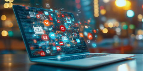 Open laptop displaying vibrant digital icons and data streams, symbolizing technology and connectivity against a blurred cityscape backdrop with glowing lights.