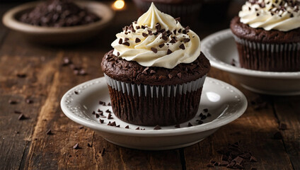 Chocolate cupcakes topped with whipped cream and chocolate sprinkles, arranged on a rustic table with soft lighting.