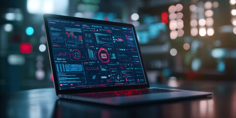 A laptop displays data visualization and analytics dashboards in a futuristic, technology-driven environment emphasizing digital innovation and cyber intelligence.