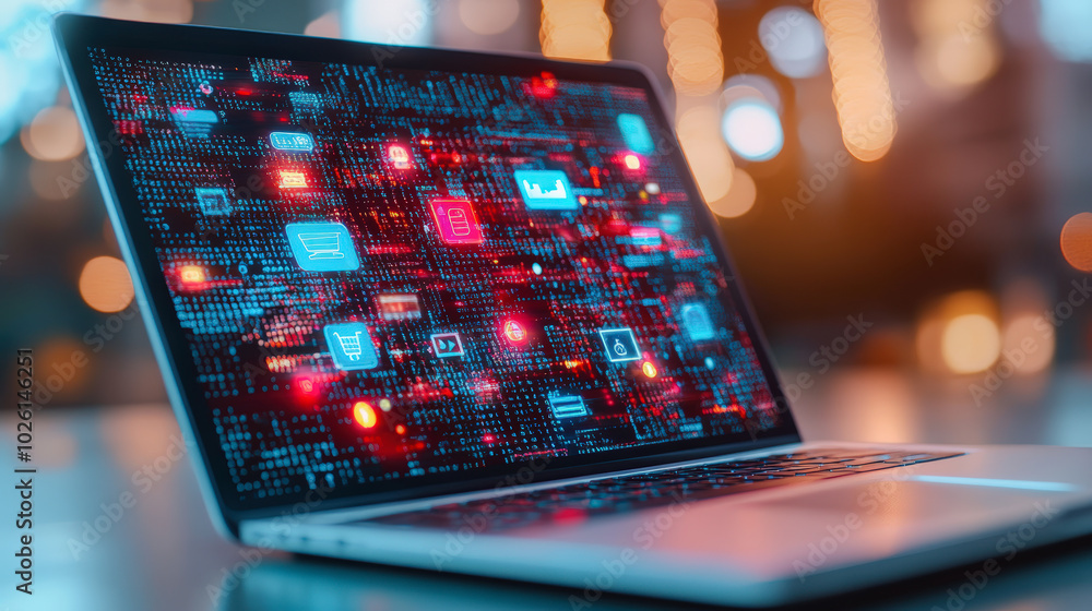 Aufkleber a laptop displaying various digital icons on a vibrant, futuristic screen. the background features b