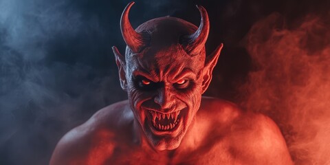 A menacing demon figure with horns and an intense glare, surrounded by swirling smoke and dramatic lighting.