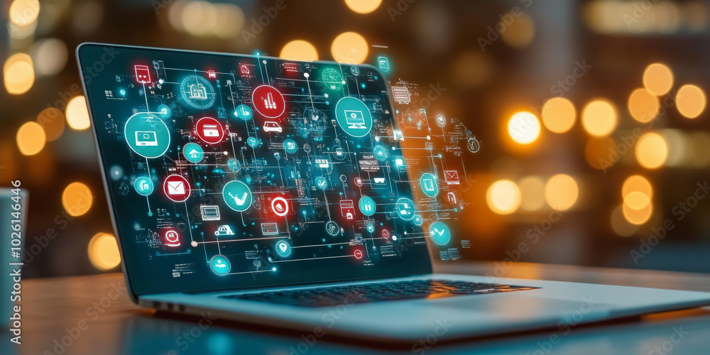 Poster laptop displaying a holographic interface with various digital icons, symbolizing technology and con