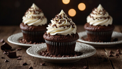 Chocolate cupcakes topped with whipped cream and chocolate sprinkles, arranged on a rustic table with soft lighting.