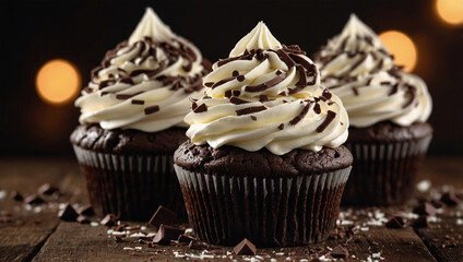 Chocolate cupcakes topped with whipped cream and chocolate sprinkles, arranged on a rustic table with soft lighting.