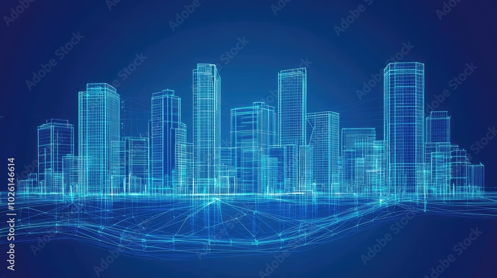 Poster a 3d wireframe rendering of a cityscape in low polygon style, featuring a business district with tal