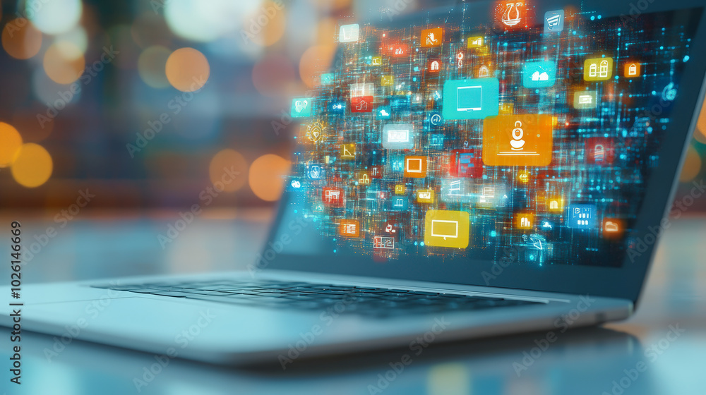 Poster open laptop displaying a vibrant, digital interface with colorful, floating application icons, symbo
