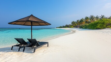 Fototapeta premium A beach chair and parasol set on a secluded tropical beach, facing the turquoise waters and palm-fringed shoreline.