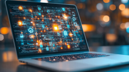 A laptop displays a digital network with interconnected icons and glowing nodes, representing data flow and technological connectivity in a modern setting.