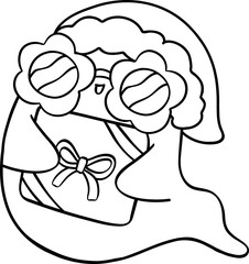 Christmas outline groovy Ghost hold present doodle 