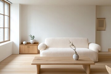 A modern japandi interior in the living room with minimalist, wood cabinets and boucle sofas. Generative AI

