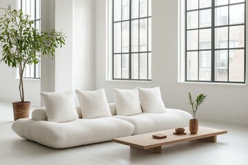 Minimalist, modern japandi interiors in a living room with windows and boucle sofas. Generative AI
