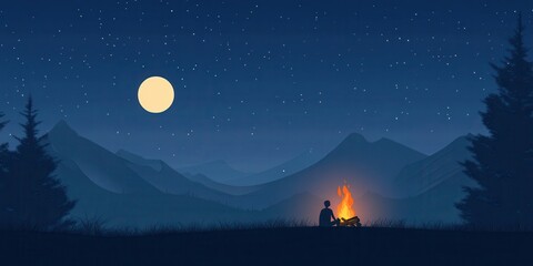 Fototapeta premium A serene night scene with a person by a campfire under a starry sky and a glowing moon, surrounded by majestic mountains.