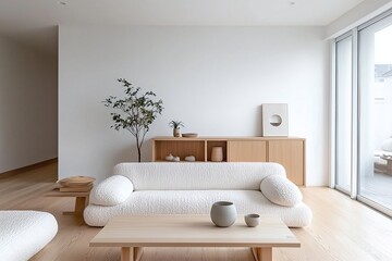 Naklejka premium A modern japandi interior in the living room with minimalist, wood cabinets and boucle sofas. Generative AI 