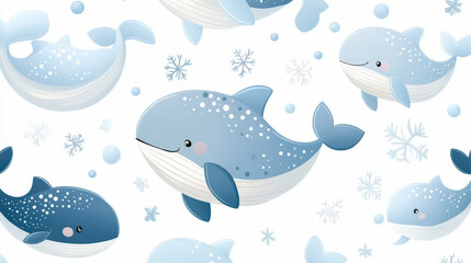 Fototapeta premium Cute cartoon whales and snowflakes float across a white background, creating a playful and whimsical winter-themed illustration.
