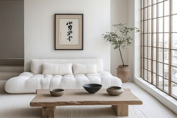 Minimalist, modern japandi interiors in a living room with windows and boucle sofas. Generative AI
